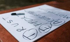 A paper with motivational words and markings placed outdoors on a table.